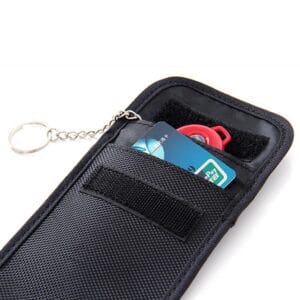black rfid blocking bag with oxford fabric with credit card and keyfob inside