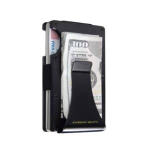 black rfid blocking wallet with carbon structure with money clipped to side