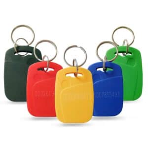 different rfid keyfobs in colors black, red, yellow, blue and green with numbering lasered