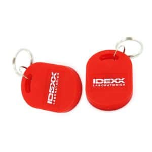 two red rfid keyfobs with logo printed