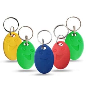 rfid keyfobs with smile in different colors as yellow, green, red and blue