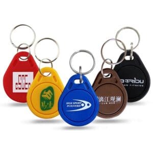 different abs rfid keyfobs in colors red, yellow, blue, brown and black with logo printing in white