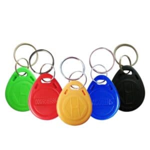 multiple rfid keyfobs in colors green, red, yellow, blue and black with logo embossed