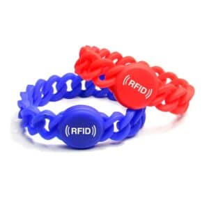 red and blue flexible rfid wristband stapled onto each other
