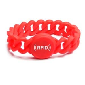 red flexible rfid wristband with white logo printed