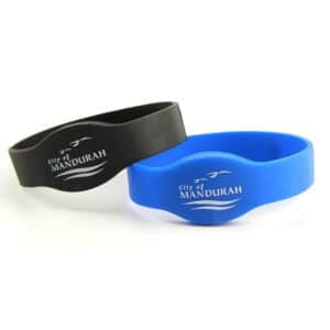 blue and black silicone rfid wristband with white logo printed