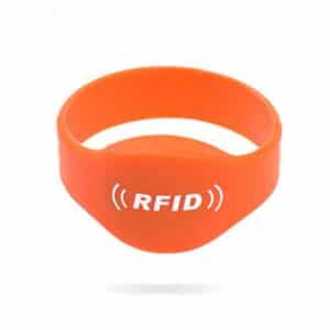 front view of orange silicone rfid wristband with white logo printed