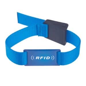 front view of blue rfid wristband with white logo printing
