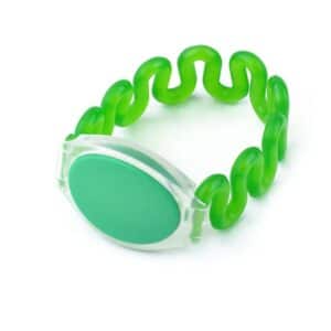 front view of green rfid wristband with flexible plastic band