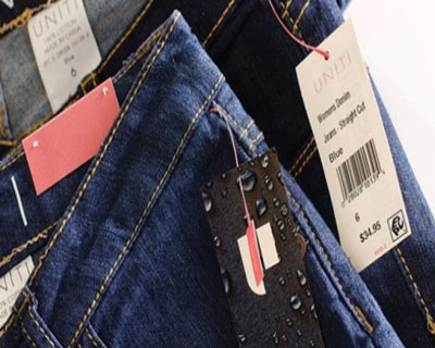 rfid garment/clothing hangtags attached to jeans in a store or warehouse
