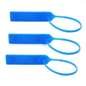 three blue rfid tie tags with chip shining through, closed position