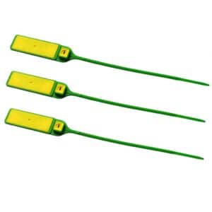 three rfid tie tags green/yellow from side view