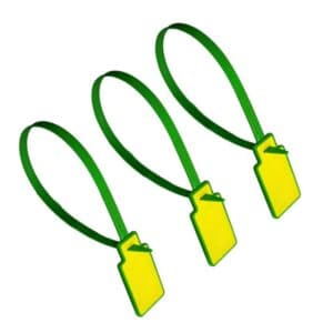 three green/yellow rfid tie tags in closed position